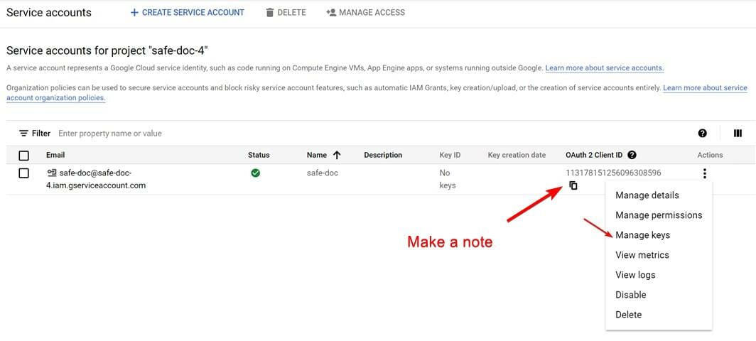 Make a note of service account client ID and manage keys