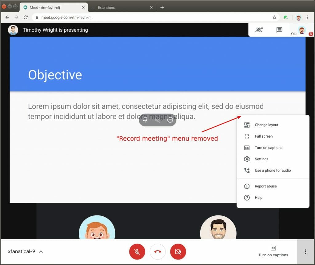 Remove meeting recording feature in Google Meet