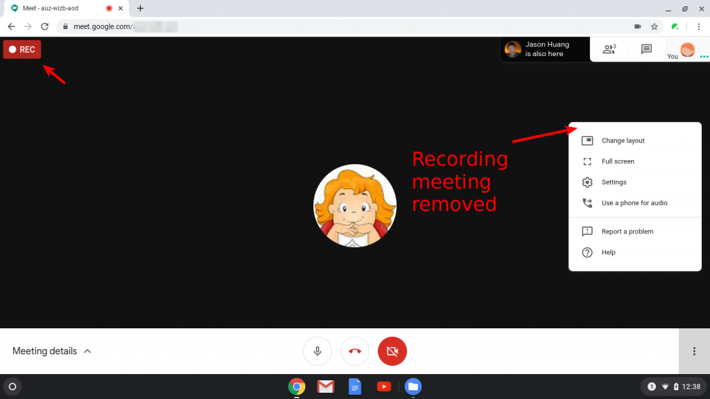 Remove meeting recording feature in Google Meet