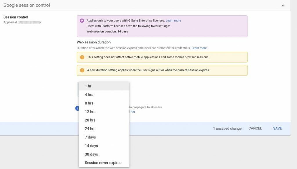 Google session control in Admin Console > Security