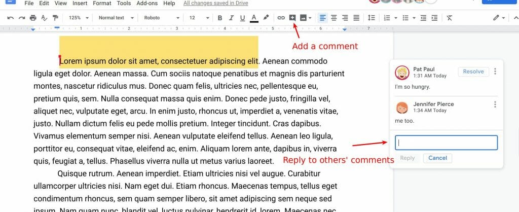 Comment feature in Docs editors