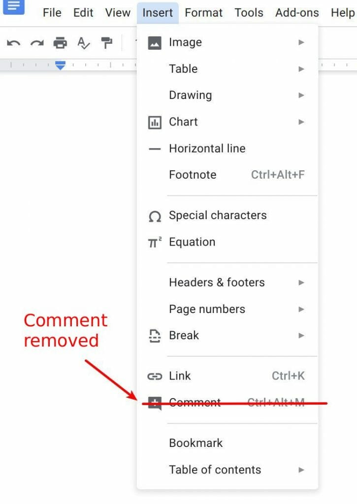 Insert > Comment menu removed from docs editors