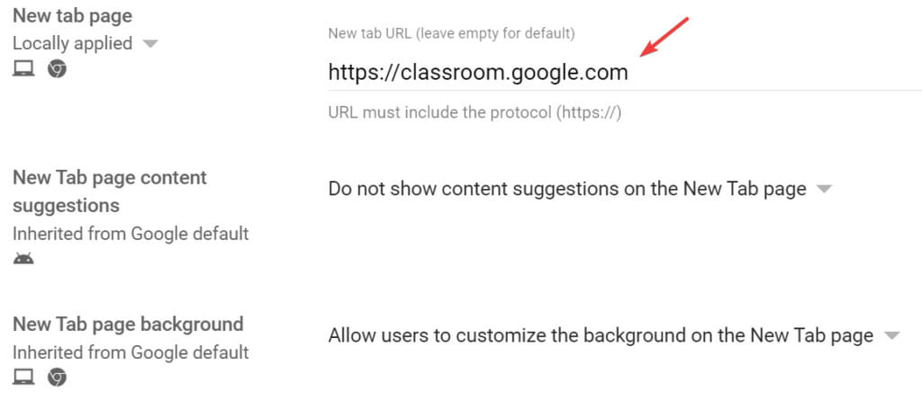 New tab page configuration in Google Admin Console