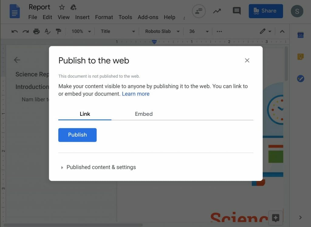 Publish to the web feature in Google Docs