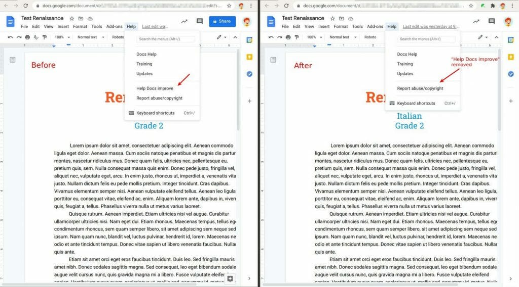 "Help Docs improve" menu in Google Docs is removed by Safe Doc