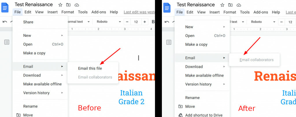 The "Email this file" menu in Google Docs is removed by Safe Doc