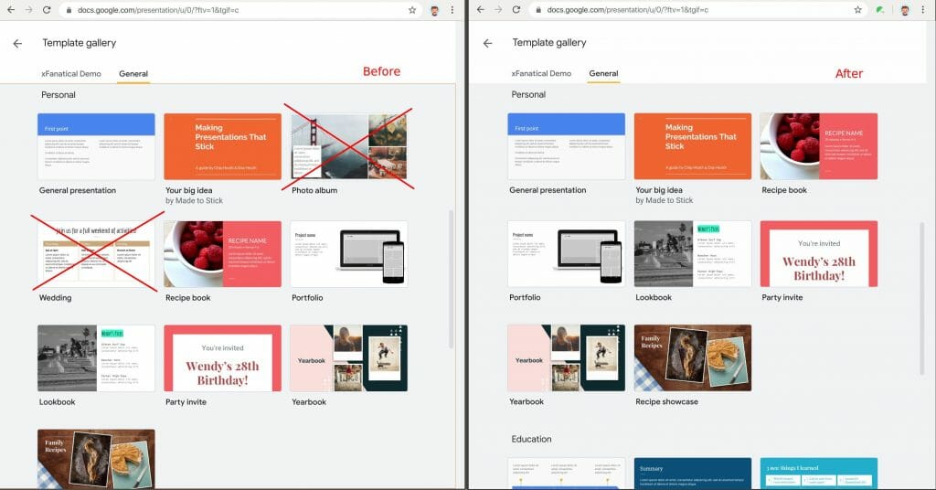 Remove certain Google Slides templates. In this example, Photo album and Wedding templates are removed.
