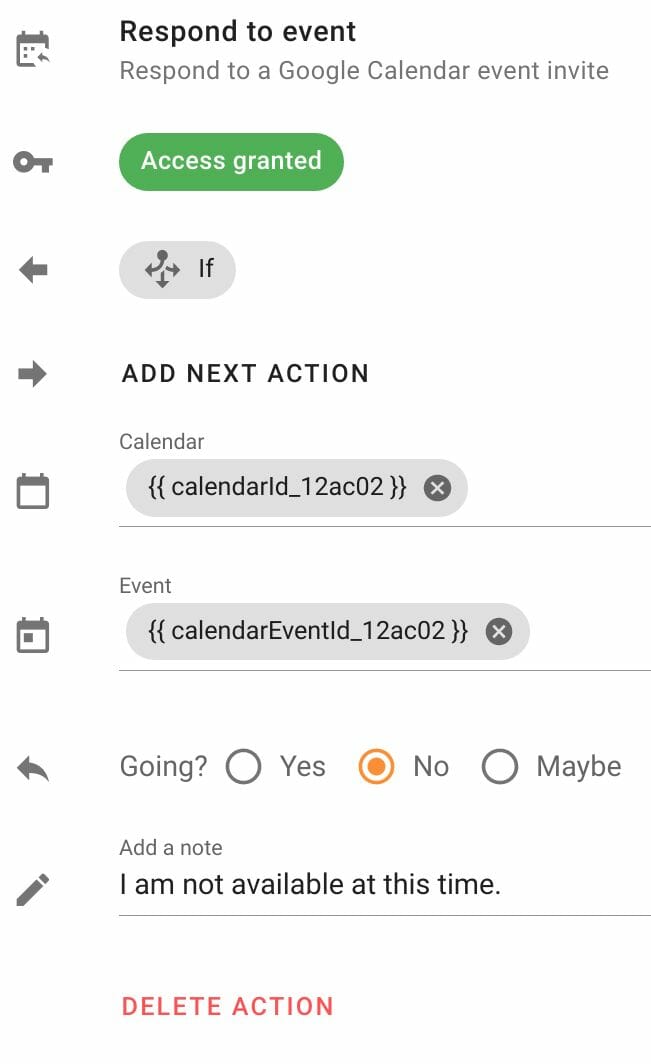 Respond to event action configuration