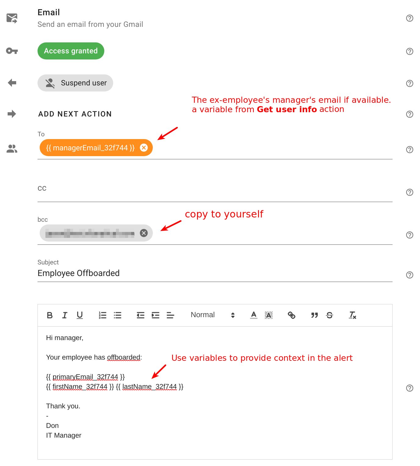 Email action in employee offboard process