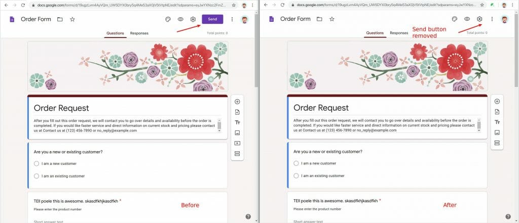 The Send button in Google Forms is removed by Safe Doc