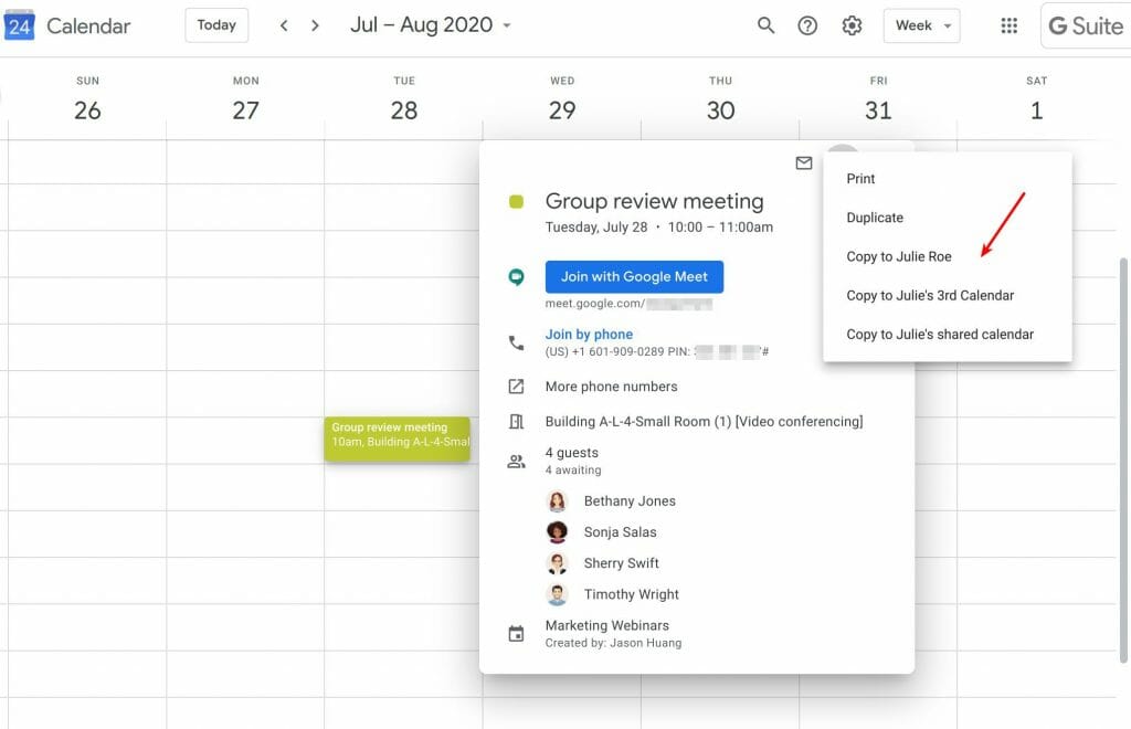 Copy event option in Google Calendar