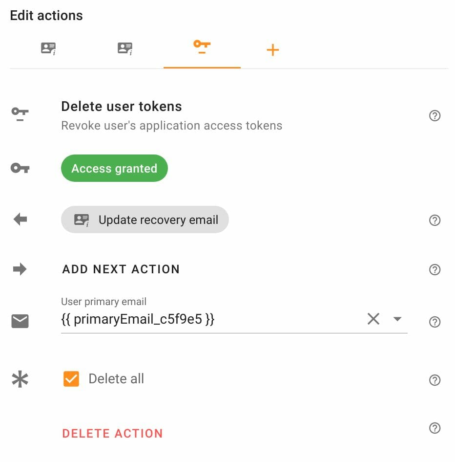 Edit Delete user tokens action