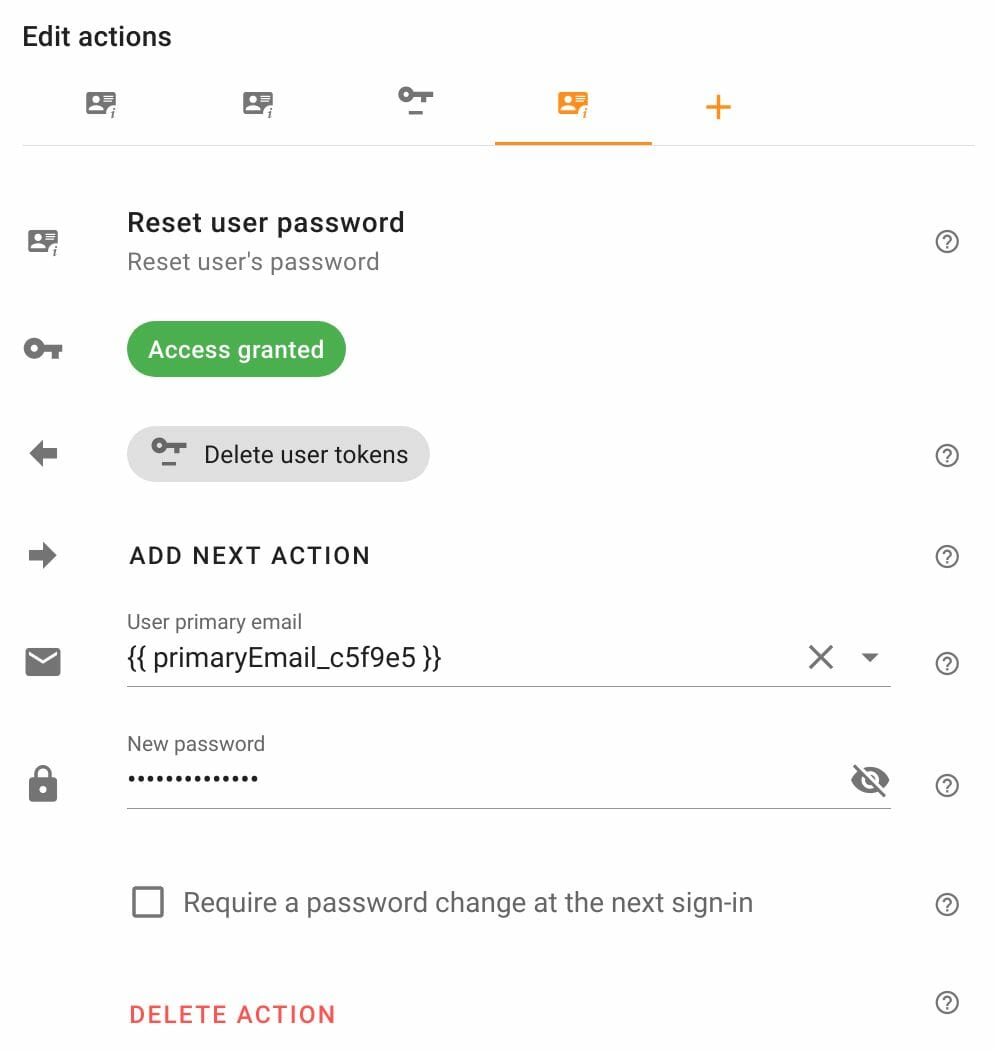 Edit Reset user password action