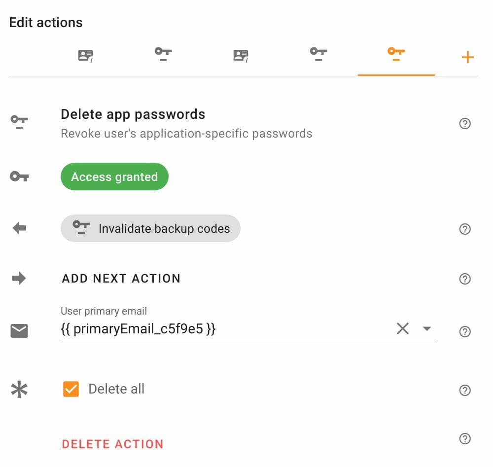 Edit Delete app passwords action