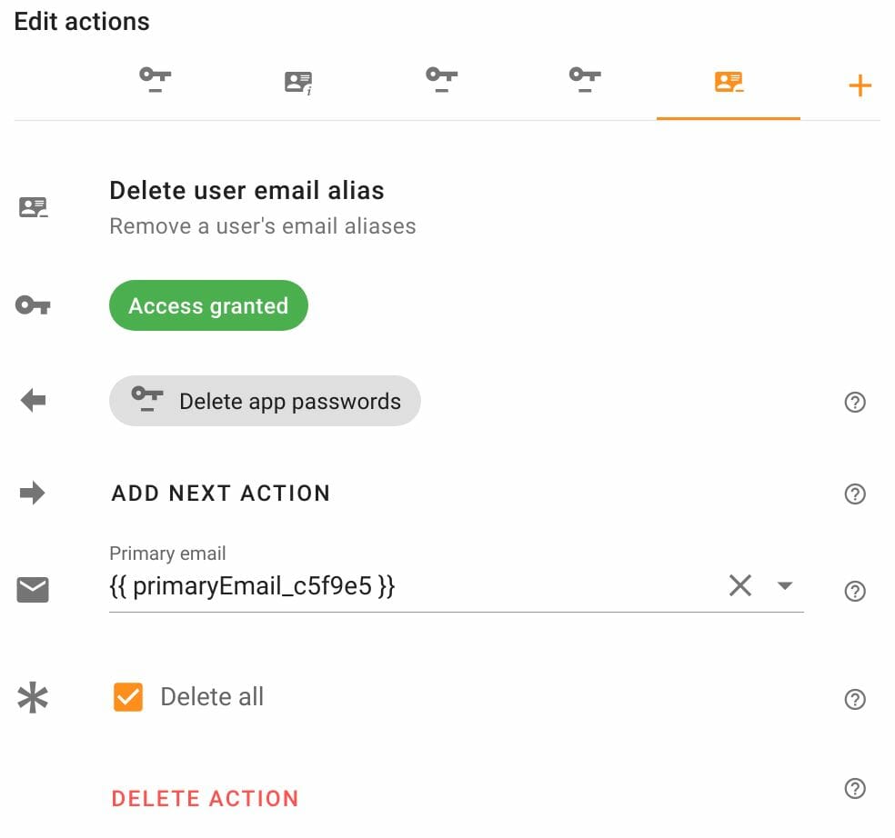Edit Delete user email alias action