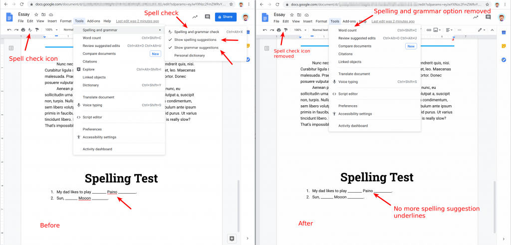 Safe Doc disables spell and grammar checking in Google Docs