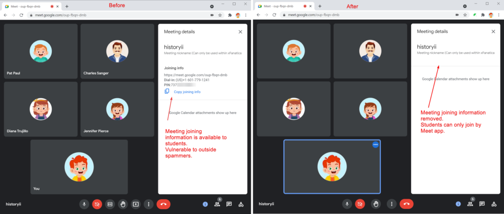 Safe Doc removes the meeting joining information (phone number and PINs) on students' Meet