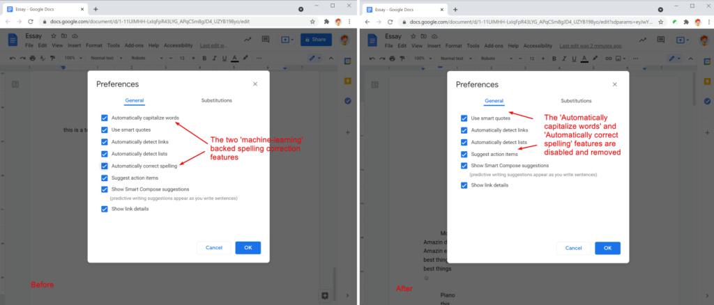 Safe Doc disables the two machine learning backed spelling correction features, Automatically capitalize words and Automatically correct spelling.