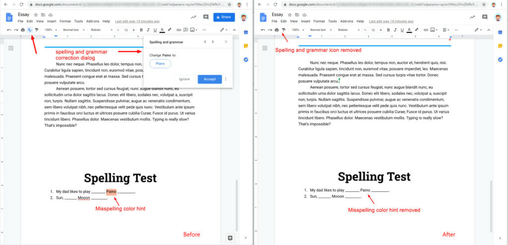 Safe Doc removes the spelling and grammar checking icon, dialog and color hints in Google Docs