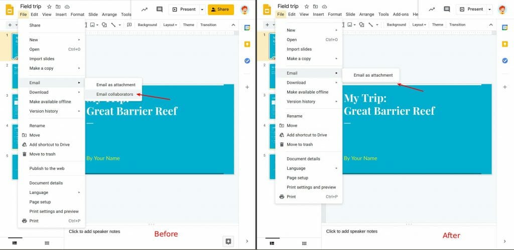 Remove the File > Email > Email collaborators feature in Docs