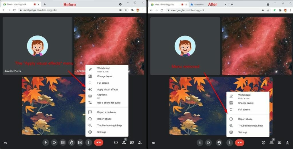 Safe Doc removes the 'Apply visual effects' menu item from Google Meet