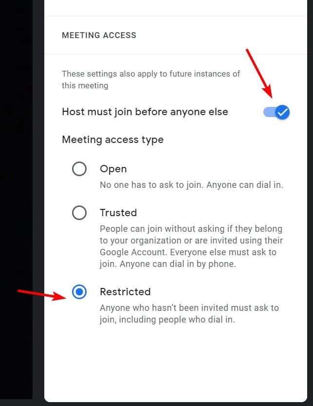 Google Meet host control with restricted meeting access type