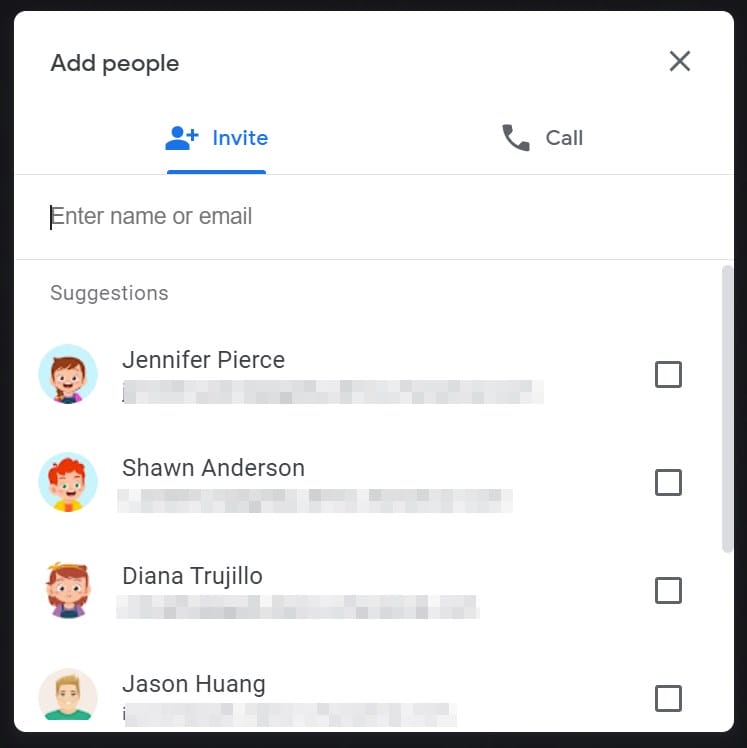 add people dialog in Google Meet