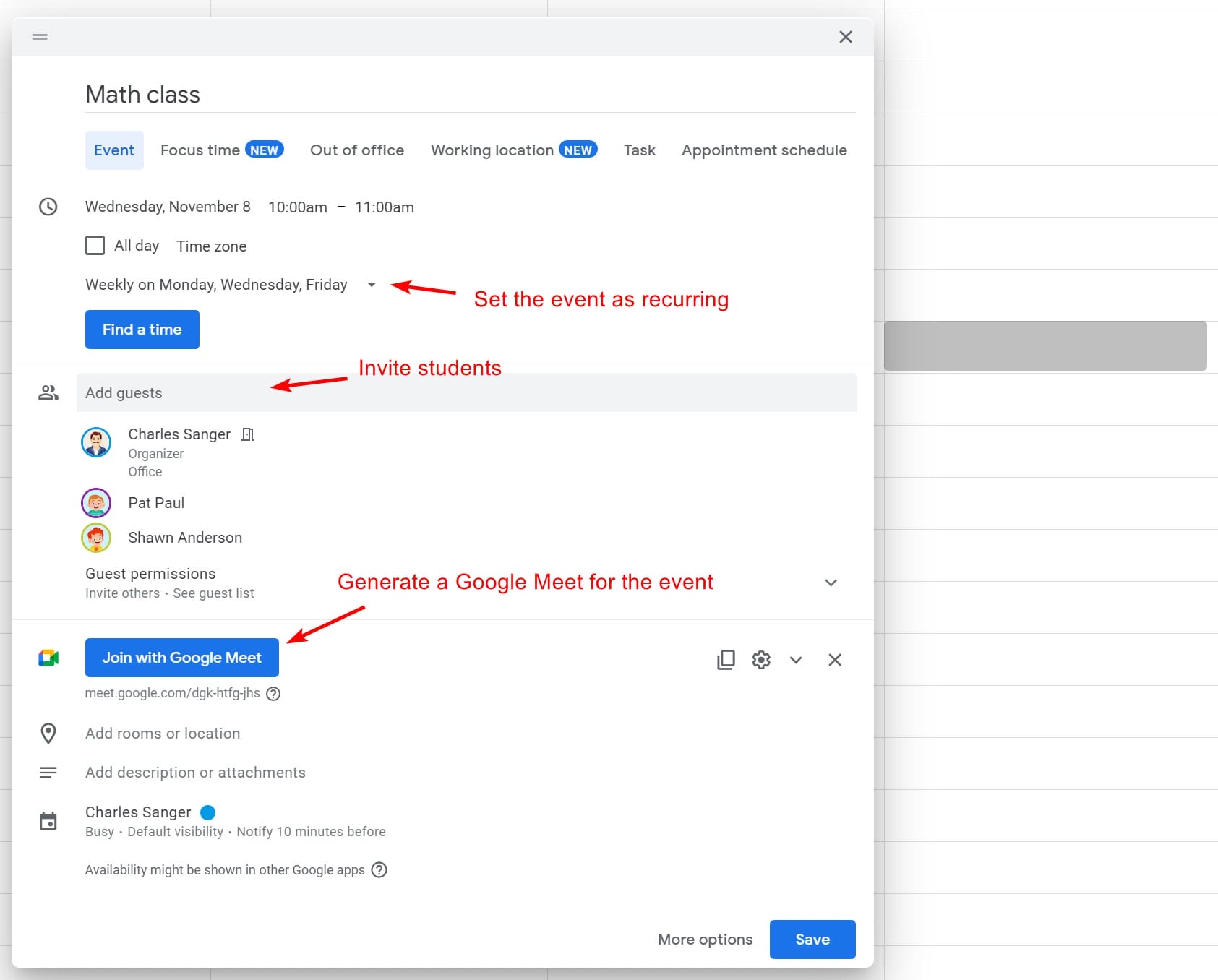 recurring event in Google calendar with students invited