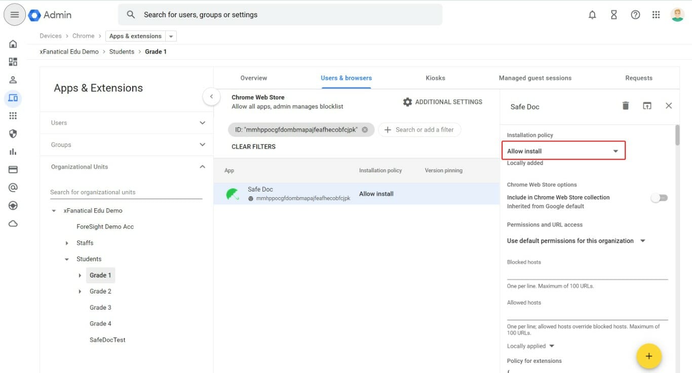 Set Safe Doc installation policy to Allow install in Google Admin Console