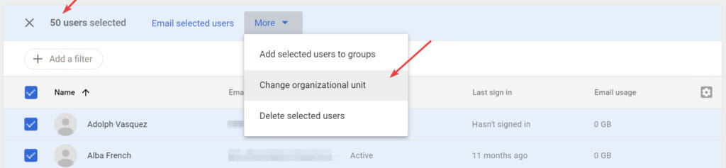 You can only change up to 50 users' organizational unit at a time in Google Admin