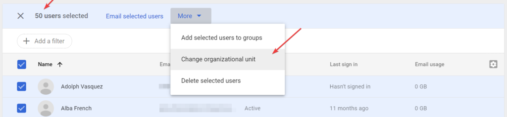 You can only change up to 50 users' organizational unit at a time in Google Admin