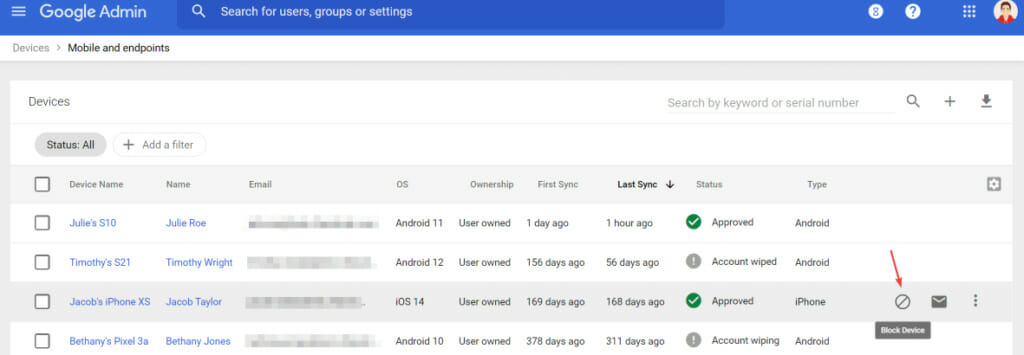 Block a mobile device from Google Admin Console > Devices > Mobile and endpoints