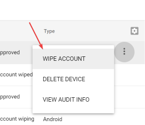 'Wipe account' option for a mobile device in Google Admin Console