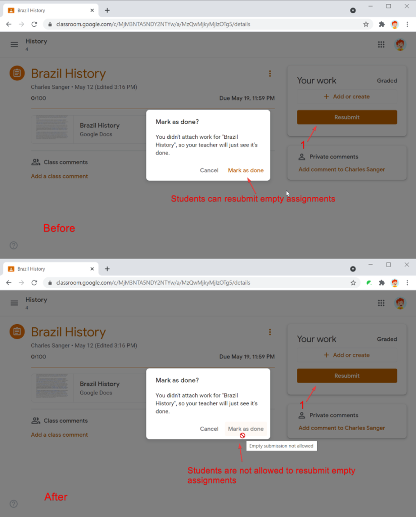 Safe Doc disables resubmitting empty assignment in Google Classroom