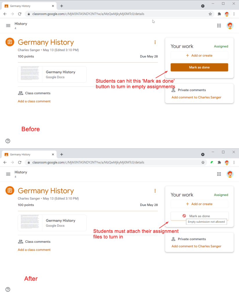 Safe Doc disables the 'Mark as done' button in Google Classroom