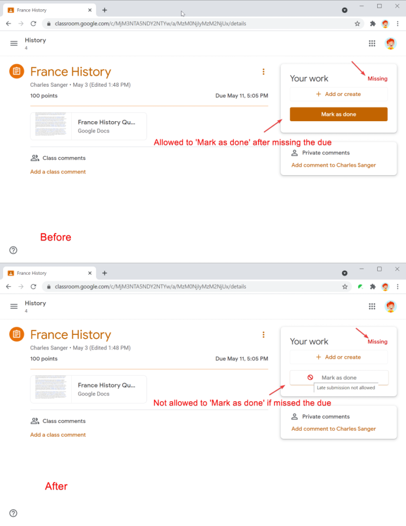 Safe Doc disables the 'Mark as done' button if the assignment is overdue