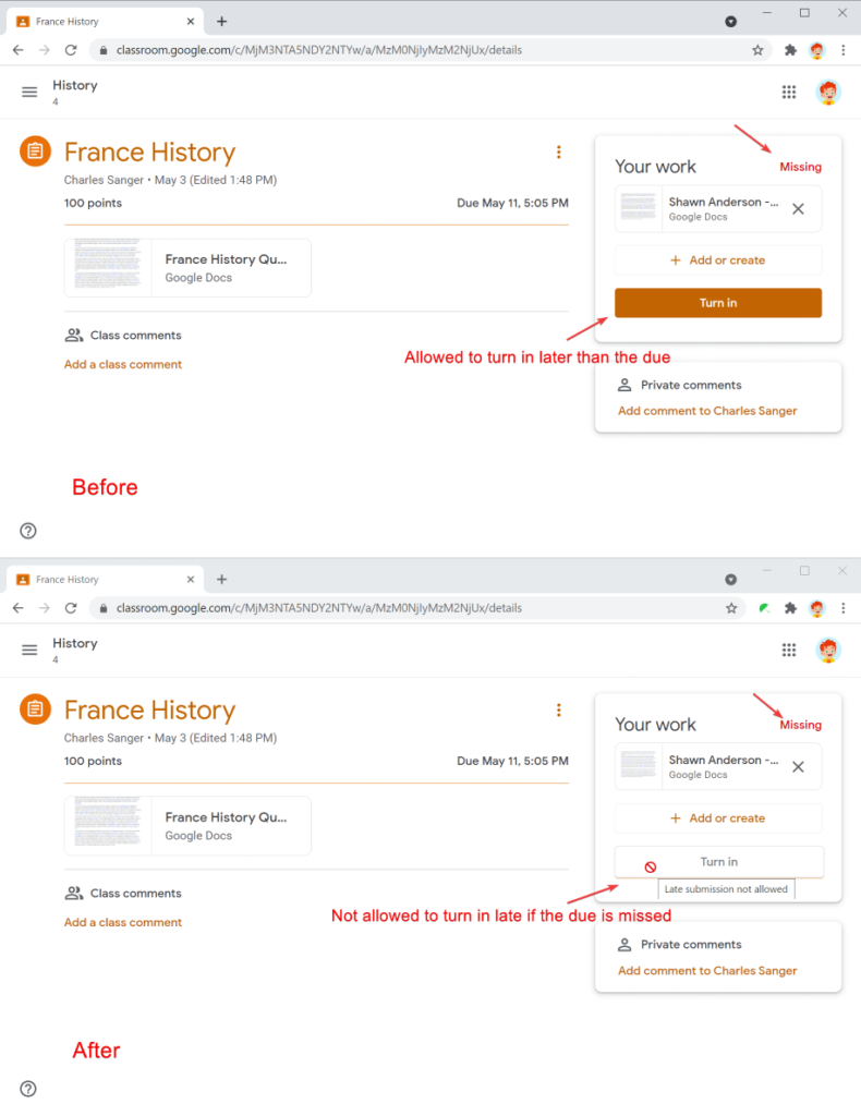 Safe Doc disables the 'Turn in' button if the assignment is overdue