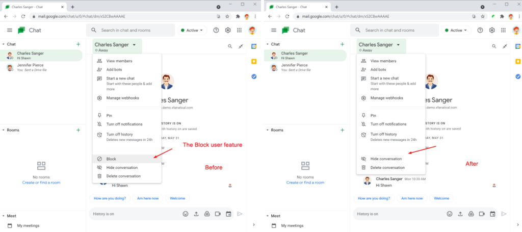 Safe Doc disables the 'Block user' feature in Google Chat
