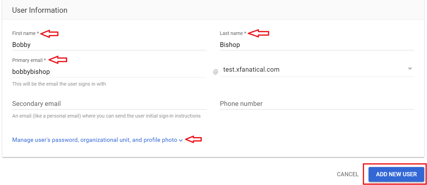 Click Add new user in Google Admin Console