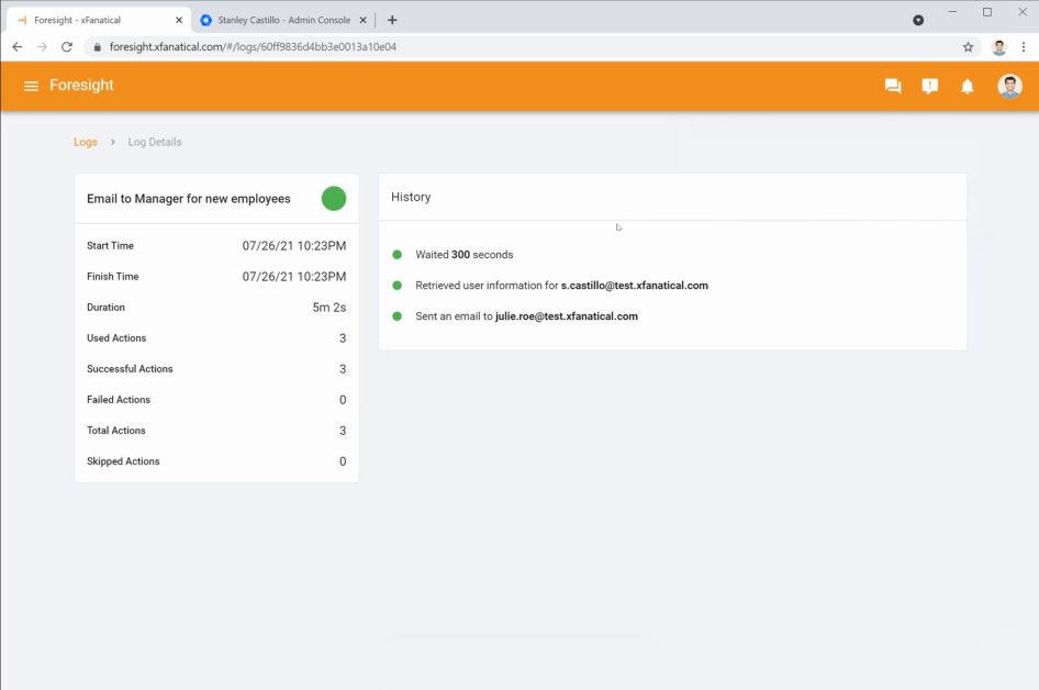 Foresight rule log for onboarding email to manager workflow