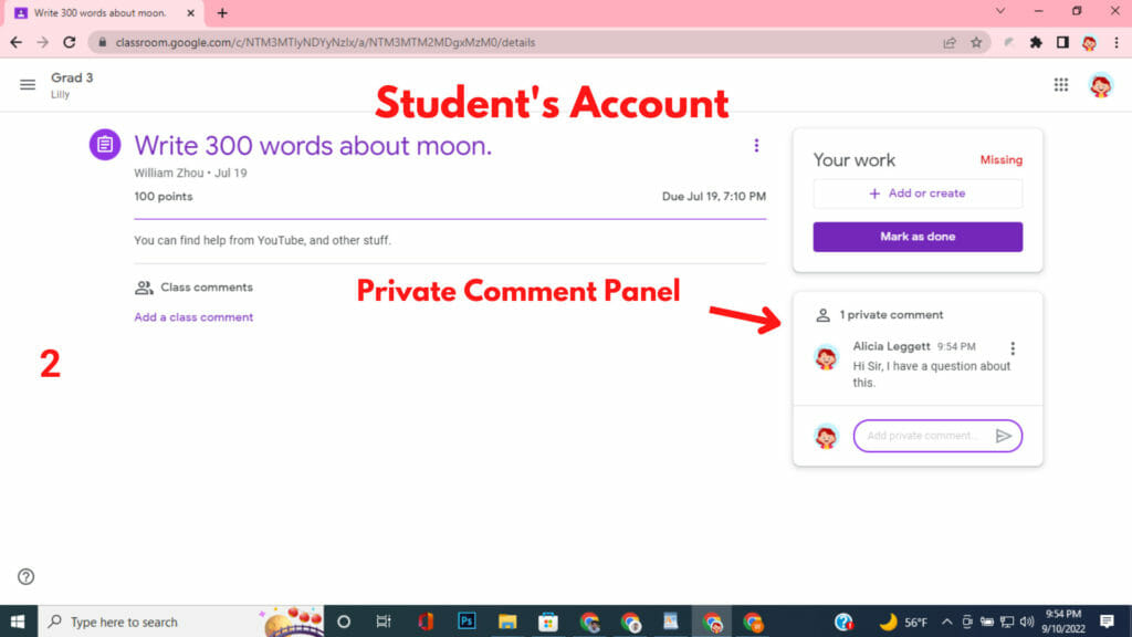 Private Comments in Google Workspace For Education - Student account - Assignment Page - Comment panel