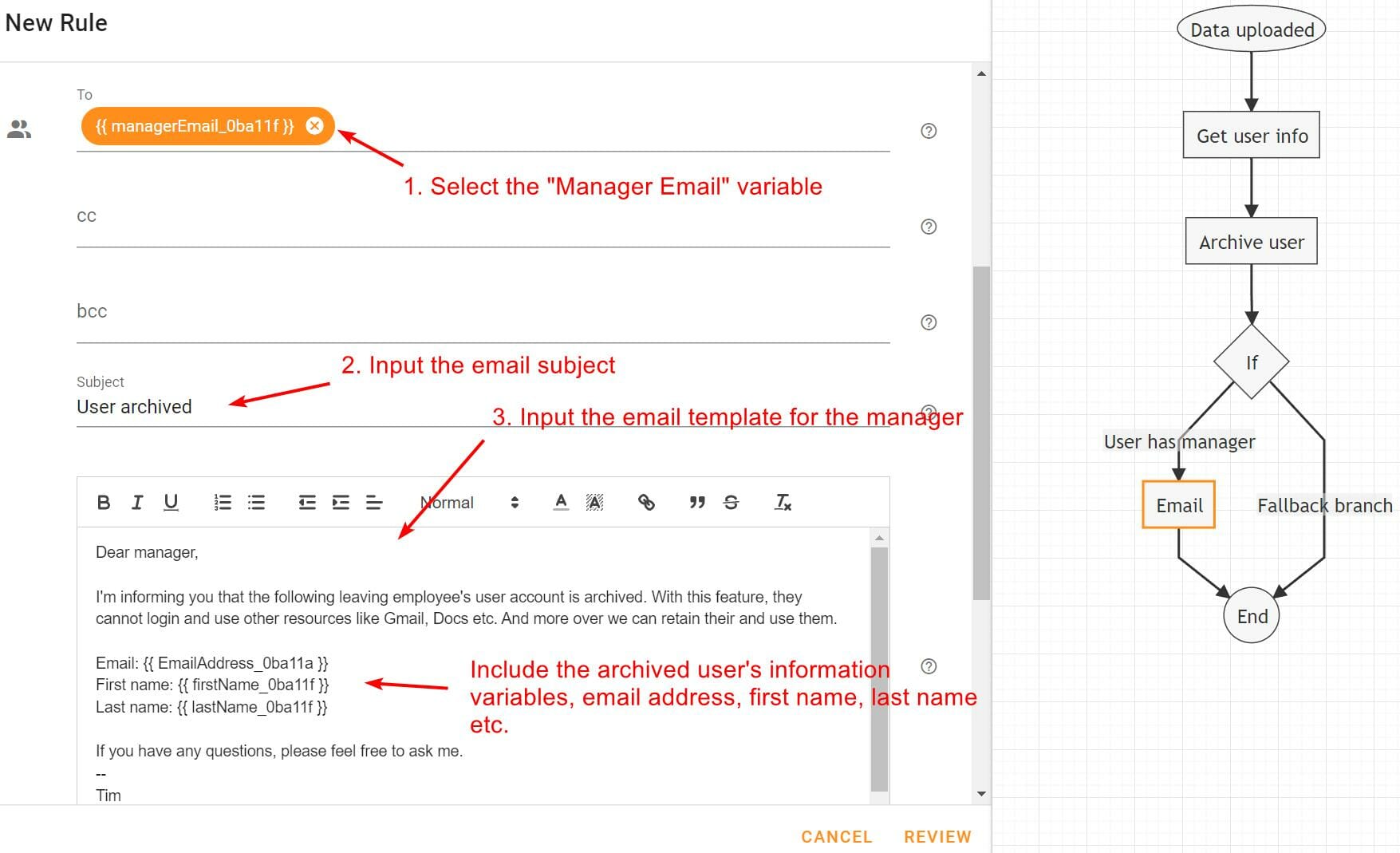 Configure email action in xFanatical Foresight
