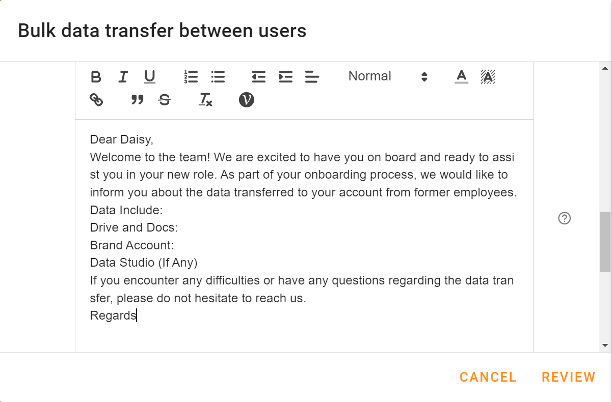Draft an email to inform the new employees about the data transfer
