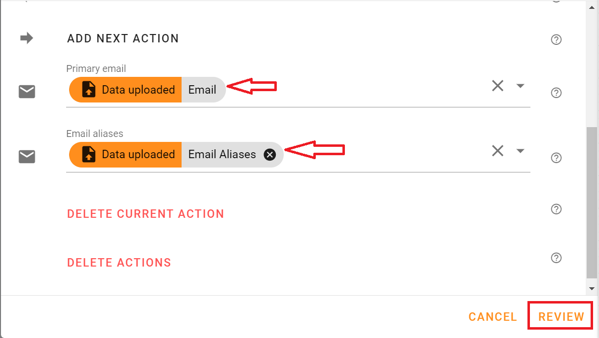 In the Primary Email field, choose Email, and in the Email alias field, select Email Aliases. Then click on Review
