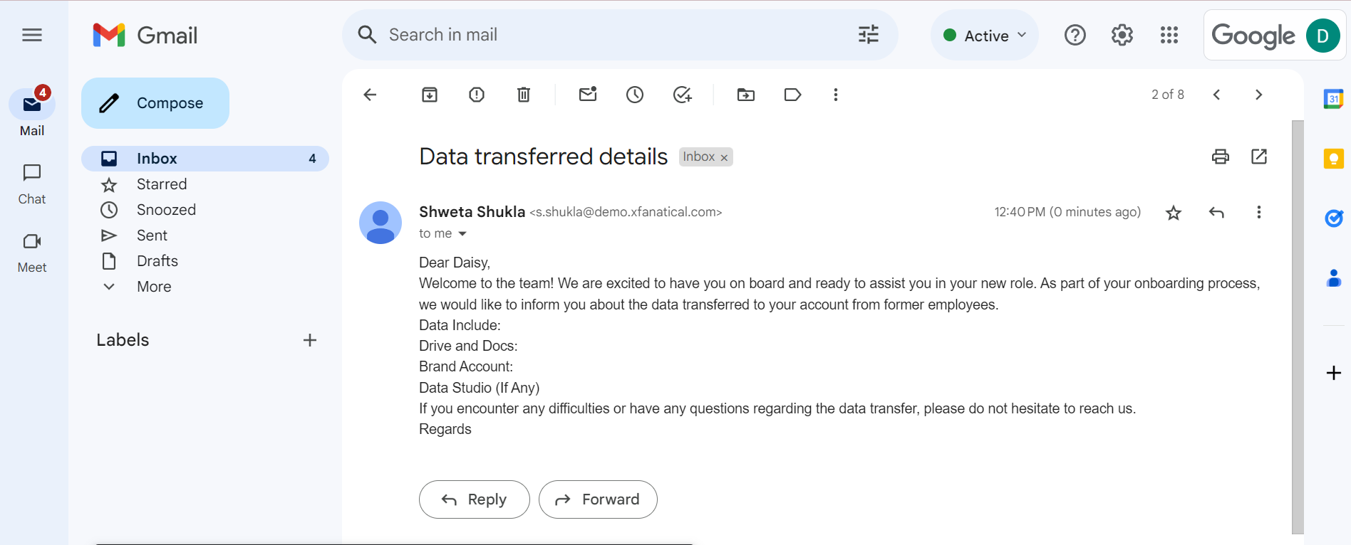 New employee received an email confirming the data handover