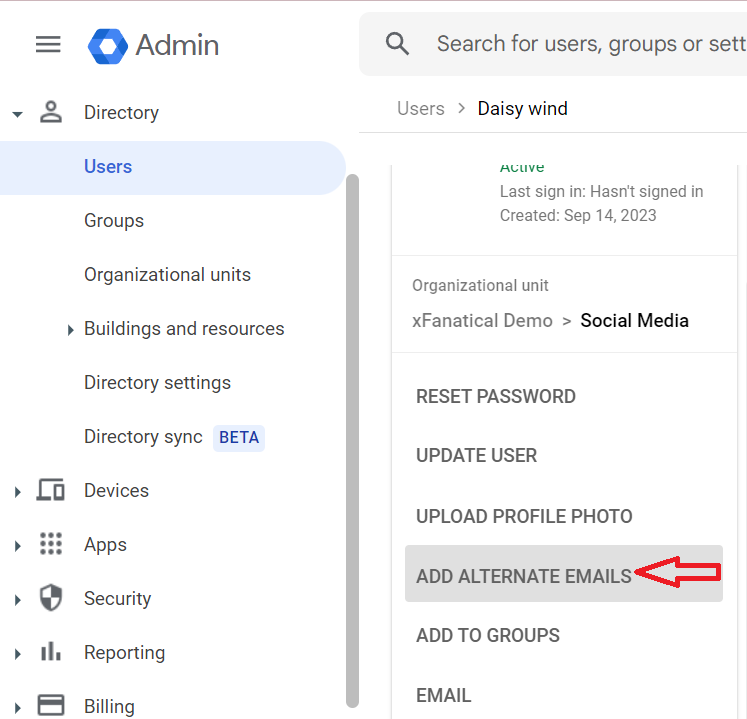 Click on a user’s name to open their settings.
Select Add Alternate Emails on the left.