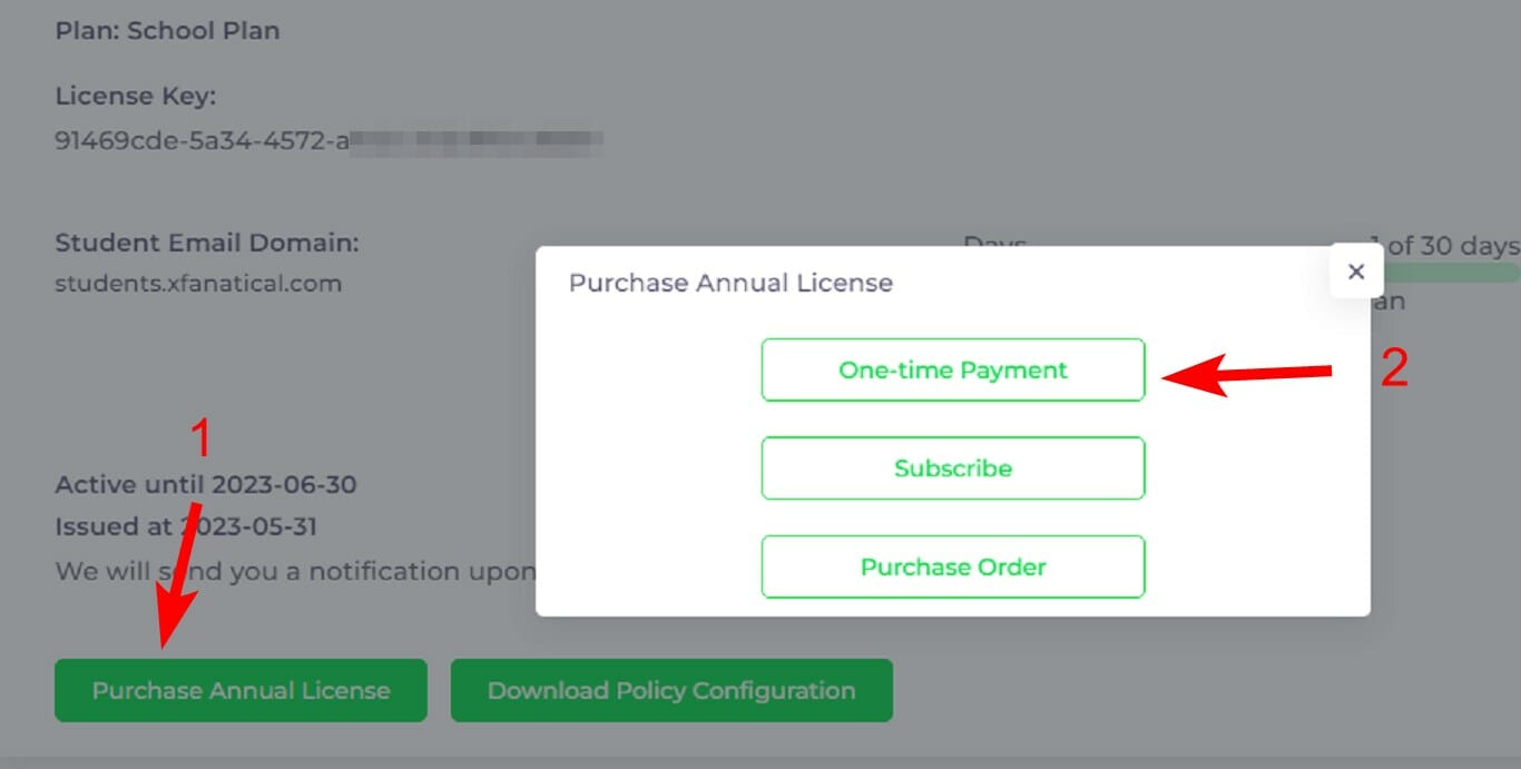 Purchase annual license dialog, One-time Payment