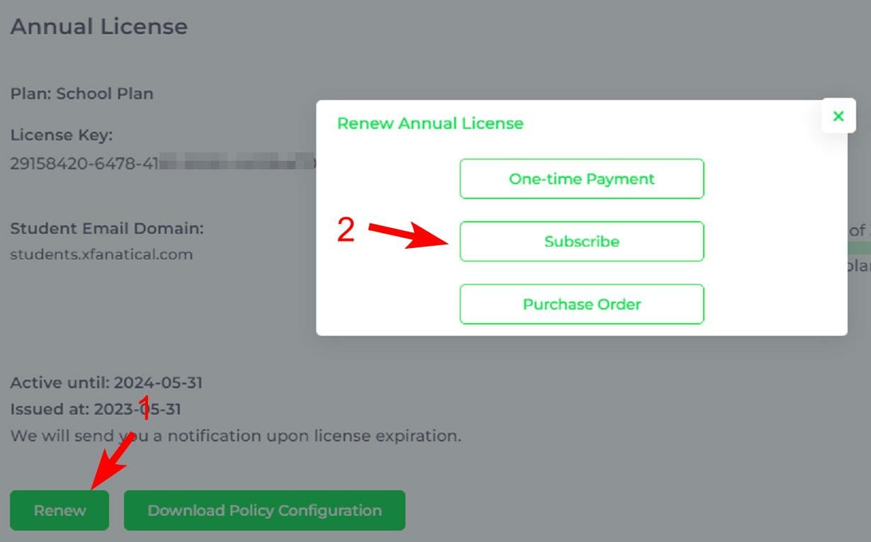 Renew annual license dialog, click Subscribe