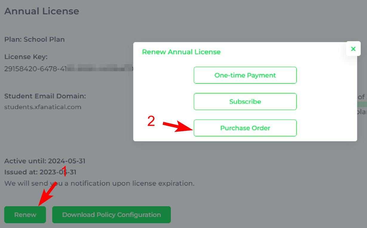 Renew annual license dialog, click Purchase Order
