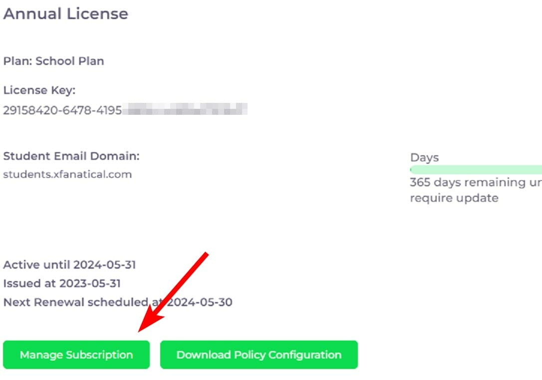 Annual license pane, click Manage subscription